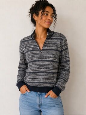 Roots Fair Isle Half Zip Sweater | Black & Cream | Size Medium